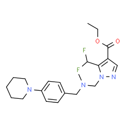 ChemSpider 2D Image | Ethyl 5-(difluoromethyl)-1-({methyl[4-(1-piperidinyl)benzyl]amino}methyl)-1H-pyrazole-4-carboxylate | C21H28F2N4O2