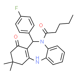 ChemSpider 2D Image | 11-(4-Fluorophenyl)-3,3-dimethyl-10-pentanoyl-2,3,4,5,10,11-hexahydro-1H-dibenzo[b,e][1,4]diazepin-1-one | C26H29FN2O2