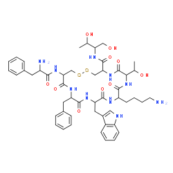 ChemSpider 2D Image | 10-(4-aminobutyl)-16-benzyl-N-(1,3-dihydroxybutan-2-yl)-7-(1-hydroxyethyl)-13-(1H-indol-3-ylmethyl)-6,9,12,15,18-pentaoxo-19-(phenylalanylamino)-1,2-dithia-5,8,11,14,17-pentaazacycloicosane-4-carboxamide | C49H66N10O10S2