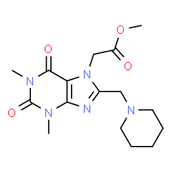 ChemSpider 2D Image | Methyl [1,3-dimethyl-2,6-dioxo-8-(1-piperidinylmethyl)-1,2,3,6-tetrahydro-7H-purin-7-yl]acetate | C16H23N5O4