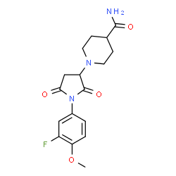 ChemSpider 2D Image | 1-[1-(3-Fluoro-4-methoxyphenyl)-2,5-dioxo-3-pyrrolidinyl]-4-piperidinecarboxamide | C17H20FN3O4