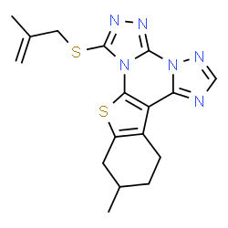 ChemSpider 2D Image | 11-Methyl-7-[(2-methyl-2-propen-1-yl)sulfanyl]-10,11,12,13-tetrahydro[1]benzothieno[3,2-e]bis[1,2,4]triazolo[4,3-a:1',5'-c]pyrimidine | C17H18N6S2