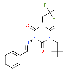 ChemSpider 2D Image | 1-[(E)-Benzylideneamino]-3,5-bis(2,2,2-trifluoroethyl)-1,3,5-triazinane-2,4,6-trione | C14H10F6N4O3