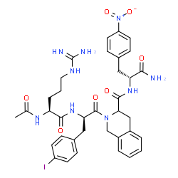 ChemSpider 2D Image | 2-(N~2~-Acetyl-L-arginyl-4-iodo-D-phenylalanyl)-N-[(2R)-1-amino-3-(4-nitrophenyl)-1-oxo-2-propanyl]-1,2,3,4-tetrahydro-3-isoquinolinecarboxamide | C36H42IN9O7