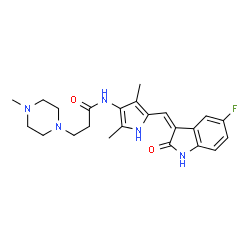 ChemSpider 2D Image | N-{5-[(Z)-(5-Fluoro-2-oxo-1,2-dihydro-3H-indol-3-ylidene)methyl]-2,4-dimethyl-1H-pyrrol-3-yl}-3-(4-methyl-1-piperazinyl)propanamide | C23H28FN5O2