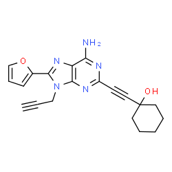 ChemSpider 2D Image | 1-{[6-Amino-8-(2-furyl)-9-(2-propyn-1-yl)-9H-purin-2-yl]ethynyl}cyclohexanol | C20H19N5O2