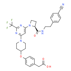 ChemSpider 2D Image | {4-[(1-{6-[(2S)-2-{[2-(4-Cyanophenyl)ethyl]carbamoyl}-1-azetidinyl]-2-(trifluoromethyl)-4-pyrimidinyl}-4-piperidinyl)oxy]phenyl}acetic acid | C31H31F3N6O4