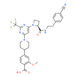 ChemSpider 2D Image | 4-(1-{6-[(2S)-2-{[2-(4-Cyanophenyl)ethyl]carbamoyl}-1-azetidinyl]-2-(trifluoromethyl)-4-pyrimidinyl}-4-piperidinyl)-2-methoxybenzoic acid | C31H31F3N6O4