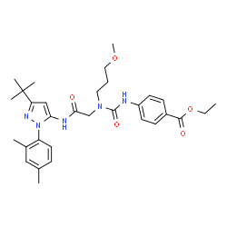 ChemSpider 2D Image | Ethyl 4-{[(2-{[1-(2,4-dimethylphenyl)-3-(2-methyl-2-propanyl)-1H-pyrazol-5-yl]amino}-2-oxoethyl)(3-methoxypropyl)carbamoyl]amino}benzoate | C31H41N5O5