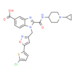 ChemSpider 2D Image | 1-{[5-(5-Chloro-2-thienyl)-1,2-oxazol-3-yl]methyl}-2-[(1-cyclopropyl-4-piperidinyl)carbamoyl]-1H-benzimidazole-5-carboxylic acid | C25H24ClN5O4S