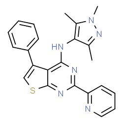 ChemSpider 2D Image | 5-Phenyl-2-(2-pyridinyl)-N-(1,3,5-trimethyl-1H-pyrazol-4-yl)thieno[2,3-d]pyrimidin-4-amine | C23H20N6S
