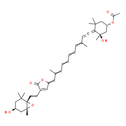 ChemSpider 2D Image | (1S,3R)-3-Hydroxy-4-{11-[4-{2-[(1S,4S,6R)-4-hydroxy-2,2,6-trimethyl-7-oxabicyclo[4.1.0]hept-1-yl]vinyl}-5-oxo-2(5H)-furanylidene]-3,10-dimethyl-1,3,5,7,9-undecapentaen-1-ylidene}-3,5,5-trimethylcycloh
exyl acetate | C39H50O7