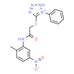 ChemSpider 2D Image | 5-({2-[(2-Methyl-5-nitrophenyl)amino]-2-oxoethyl}sulfanyl)-1-phenyl-2H-tetrazol-1-ium | C16H15N6O3S