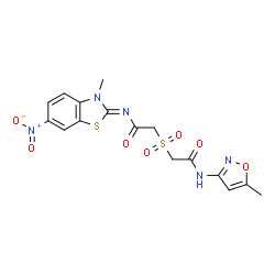 ChemSpider 2D Image | 2-({2-[(Z)-(3-Methyl-6-nitro-1,3-benzothiazol-2(3H)-ylidene)amino]-2-oxoethyl}sulfonyl)-N-(5-methyl-1,2-oxazol-3-yl)acetamide | C16H15N5O7S2