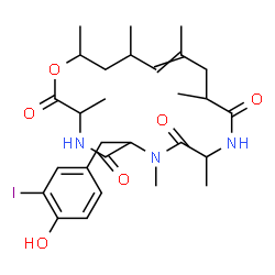 ChemSpider 2D Image | 6-(4-Hydroxy-3-iodobenzyl)-3,7,9,12,14,16,18-heptamethyl-1-oxa-4,7,10-triazacyclooctadec-14-ene-2,5,8,11-tetrone | C28H40IN3O6