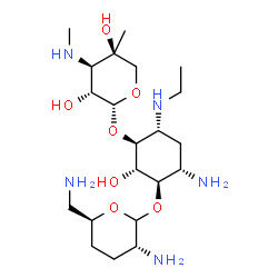 ChemSpider 2D Image | (1R,2S,3S,4R,6S)-6-Amino-3-{[3-deoxy-4-C-methyl-3-(methylamino)-beta-L-arabinopyranosyl]oxy}-4-(ethylamino)-2-hydroxycyclohexyl 2,6-diamino-2,3,4,6-tetradeoxy-D-erythro-hexopyranoside | C21H43N5O7
