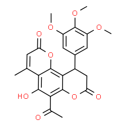 ChemSpider 2D Image | 6-Acetyl-5-hydroxy-4-methyl-10-(3,4,5-trimethoxyphenyl)-9,10-dihydro-2H,8H-pyrano[2,3-f]chromene-2,8-dione | C24H22O9