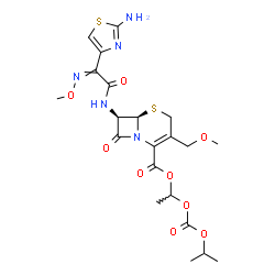 ChemSpider 2D Image | 1-[(Isopropoxycarbonyl)oxy]ethyl (6R,7R)-7-{[(2-amino-1,3-thiazol-4-yl)(methoxyimino)acetyl]amino}-3-(methoxymethyl)-8-oxo-5-thia-1-azabicyclo[4.2.0]oct-2-ene-2-carboxylate | C21H27N5O9S2
