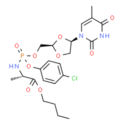 ChemSpider 2D Image | Butyl N-[(4-chlorophenoxy){[(2R,4R)-4-(5-methyl-2,4-dioxo-3,4-dihydro-1(2H)-pyrimidinyl)-1,3-dioxolan-2-yl]methoxy}phosphoryl]-L-alaninate | C22H29ClN3O9P