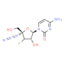 ChemSpider 2D Image | 4-Amino-1-[(2R,3S,5R)-5-azido-4-fluoro-3-hydroxy-5-(hydroxymethyl)tetrahydro-2-furanyl]-2(1H)-pyrimidinone (non-preferred name) | C9H11FN6O4