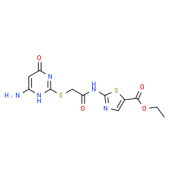 ChemSpider 2D Image | Ethyl 2-({[(6-amino-4-oxo-1,4-dihydro-2-pyrimidinyl)sulfanyl]acetyl}amino)-1,3-thiazole-5-carboxylate | C12H13N5O4S2