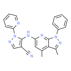 ChemSpider 2D Image | 5-[(3,4-Dimethyl-1-phenyl-1H-pyrazolo[3,4-b]pyridin-6-yl)amino]-1-(2-pyridinyl)-1H-pyrazole-4-carbonitrile | C23H18N8