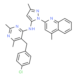 ChemSpider 2D Image | 5-(4-Chlorobenzyl)-2,6-dimethyl-N-[3-methyl-1-(4-methyl-2-quinolinyl)-1H-pyrazol-5-yl]-4-pyrimidinamine | C27H25ClN6