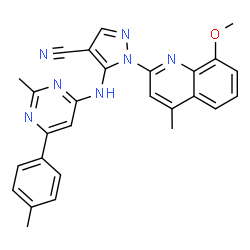ChemSpider 2D Image | 1-(8-Methoxy-4-methyl-2-quinolinyl)-5-{[2-methyl-6-(4-methylphenyl)-4-pyrimidinyl]amino}-1H-pyrazole-4-carbonitrile | C27H23N7O