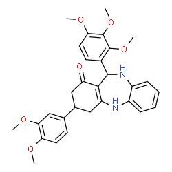 ChemSpider 2D Image | 3-(3,4-Dimethoxyphenyl)-11-(2,3,4-trimethoxyphenyl)-2,3,4,5,10,11-hexahydro-1H-dibenzo[b,e][1,4]diazepin-1-one | C30H32N2O6