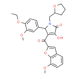 ChemSpider 2D Image | 5-(4-Ethoxy-3-methoxyphenyl)-3-hydroxy-4-[(7-methoxy-1-benzofuran-2-yl)carbonyl]-1-(tetrahydro-2-furanylmethyl)-1,5-dihydro-2H-pyrrol-2-one | C28H29NO8
