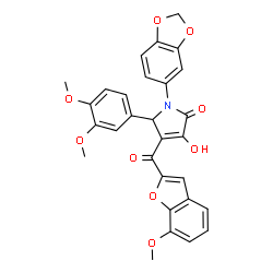 ChemSpider 2D Image | 1-(1,3-Benzodioxol-5-yl)-5-(3,4-dimethoxyphenyl)-3-hydroxy-4-[(7-methoxy-1-benzofuran-2-yl)carbonyl]-1,5-dihydro-2H-pyrrol-2-one | C29H23NO9