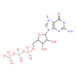 ChemSpider 2D Image | 2-Amino-7-methyl-6-oxo-9-[5-O-({[(phosphonatooxy)phosphinato]oxy}phosphinato)pentofuranosyl]-6,9-dihydropurin-7-ium-1-ide | C11H14N5O14P3