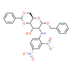 ChemSpider 2D Image | Benzyl 4,6-O-benzylidene-2-deoxy-2-[(2,4-dinitrophenyl)amino]-alpha-D-allopyranoside | C26H25N3O9