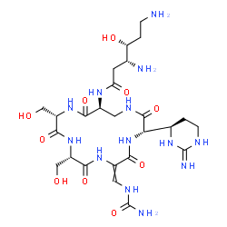 ChemSpider 2D Image | (1E,3R,4R)-3,6-Diamino-4-hydroxy-N-{(1E,4Z,6Z,7E,9S,10E,12S,13E,15S)-2,5,8,11,14-pentahydroxy-6-({[hydroxy(imino)methyl]amino}methylene)-9,12-bis(hydroxymethyl)-3-[(4R)-2-iminohexahydro-4-pyrimidinyl]
-1,4,7,10,13-pentaazacyclohexadeca-1,4,7,10,13-pentaen-15-yl}hexanimidic acid (non-preferred name) | C25H43N13O10