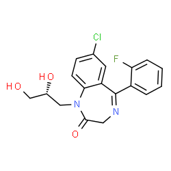 ChemSpider 2D Image | 7-Chloro-1-[(2R)-2,3-dihydroxypropyl]-5-(2-fluorophenyl)-1,3-dihydro-2H-1,4-benzodiazepin-2-one | C18H16ClFN2O3