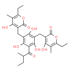 ChemSpider 2D Image | 3,3'-{[2,4,6-Trihydroxy-5-(2-methylbutanoyl)-1,3-phenylene]bis(methylene)}bis(6-ethyl-4-hydroxy-5-methyl-2H-pyran-2-one) | C29H34O10