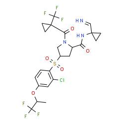 ChemSpider 2D Image | (4R)-4-[(2-Chloro-4-{[(2S)-1,1,1-trifluoro-2-propanyl]oxy}phenyl)sulfonyl]-N-[1-(iminomethyl)cyclopropyl]-1-{[1-(trifluoromethyl)cyclopropyl]carbonyl}-L-prolinamide | C23H24ClF6N3O5S