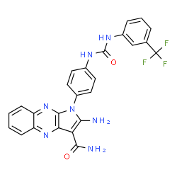 ChemSpider 2D Image | 2-Amino-1-[4-({[3-(trifluoromethyl)phenyl]carbamoyl}amino)phenyl]-1H-pyrrolo[2,3-b]quinoxaline-3-carboxamide | C25H18F3N7O2