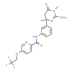 ChemSpider 2D Image | N-{3-[(4S)-2-Amino-1,4-dimethyl-6-oxo-1,4,5,6-tetrahydro-4-pyrimidinyl]phenyl}-5-(2,2,2-trifluoroethoxy)-2-pyridinecarboxamide | C20H20F3N5O3