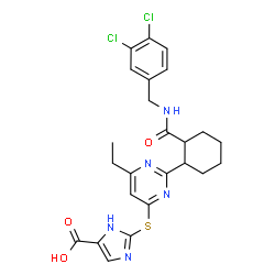 ChemSpider 2D Image | 2-[(2-{(1S,2S)-2-[(3,4-Dichlorobenzyl)carbamoyl]cyclohexyl}-6-ethyl-4-pyrimidinyl)sulfanyl]-1H-imidazole-5-carboxylic acid | C24H25Cl2N5O3S