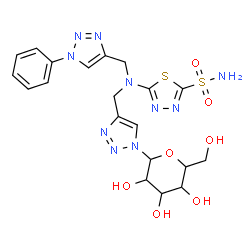 ChemSpider 2D Image | 2-({[1-(beta-D-Glucopyranosyl)-1H-1,2,3-triazol-4-yl]methyl}[(1-phenyl-1H-1,2,3-triazol-4-yl)methyl]amino)-5-sulfamoyl-1,3,4-thiadiazole | C20H24N10O7S2
