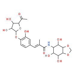 ChemSpider 2D Image | (2E)-3-{4-[(6-Deoxy-beta-D-arabino-hexofuranosyl-5-ulose)oxy]-3-hydroxyphenyl}-2-methyl-N-[(3aR,4S,5R,6R,7S,7aS)-4,6,7-trihydroxyhexahydro-1,3-benzodioxol-5-yl]acrylamide | C23H29NO12