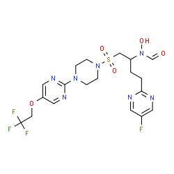 ChemSpider 2D Image | N-[(2S)-4-(5-Fluoro-2-pyrimidinyl)-1-({4-[5-(2,2,2-trifluoroethoxy)-2-pyrimidinyl]-1-piperazinyl}sulfonyl)-2-butanyl]-N-hydroxyformamide | C19H23F4N7O5S