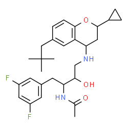 ChemSpider 2D Image | N-[(2S,3R)-4-{[(2R,4S)-2-Cyclopropyl-6-(2,2-dimethylpropyl)-3,4-dihydro-2H-chromen-4-yl]amino}-1-(3,5-difluorophenyl)-3-hydroxy-2-butanyl]acetamide | C29H38F2N2O3