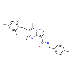 ChemSpider 2D Image | 6-(Mesitylmethyl)-5,7-dimethyl-N-(4-methylbenzyl)pyrazolo[1,5-a]pyrimidine-3-carboxamide | C27H30N4O
