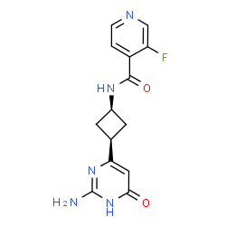 ChemSpider 2D Image | N-[cis-3-(2-Amino-6-oxo-1,6-dihydro-4-pyrimidinyl)cyclobutyl]-3-fluoroisonicotinamide | C14H14FN5O2