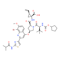 ChemSpider 2D Image | N-[(Cyclopentyloxy)carbonyl]-3-methyl-L-valyl-(4S)-4-({8-bromo-2-[2-(isobutyrylamino)-1,3-thiazol-4-yl]-7-methoxy-4-quinolinyl}oxy)-N-[(1R,2S)-1-carboxy-2-vinylcyclopropyl]-L-prolinamide | C40H49BrN6O9S