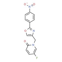 ChemSpider 2D Image | 5-Fluoro-1-{[2-(4-nitrophenyl)-1,3-oxazol-4-yl]methyl}-2(1H)-pyridinone | C15H10FN3O4