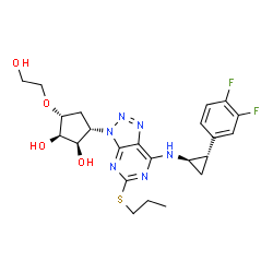ChemSpider 2D Image | (1R,2R,3S,5R)-3-[7-{[(1R,2S)-2-(3,4-Difluorophenyl)cyclopropyl]amino}-5-(propylsulfanyl)-3H-[1,2,3]triazolo[4,5-d]pyrimidin-3-yl]-5-(2-hydroxyethoxy)-1,2-cyclopentanediol | C23H28F2N6O4S