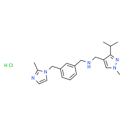 ChemSpider 2D Image | 1-(3-Isopropyl-1-methyl-1H-pyrazol-4-yl)-N-{3-[(2-methyl-1H-imidazol-1-yl)methyl]benzyl}methanamine hydrochloride (1:1) | C20H28ClN5
